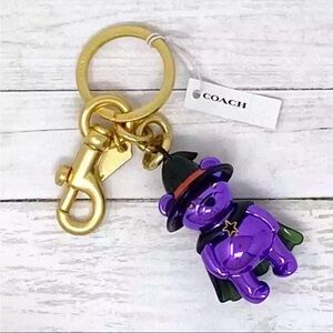 🎃🧸NWT COACH Halloween Witch Teddy Bear Bag Charm Key Chain Ring Gold Purple